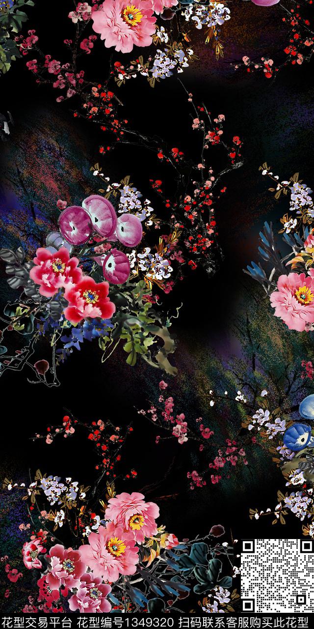 花卉雕印华亿平台中国风数码印花华亿平台下载（图片编号: 1349320） - 瓦栏（Walan）