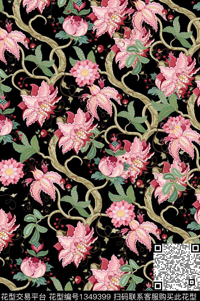 黑底花卉花卉蔷薇花数码印花华亿平台下载（图片编号: 1349399） - 瓦栏（Walan）