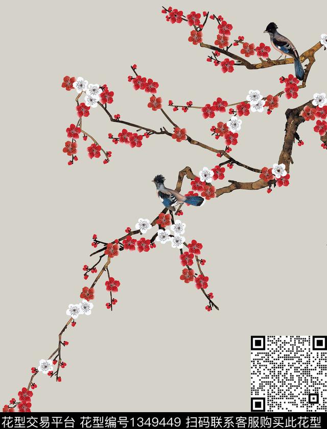 梅花定位花花卉数码印花华亿平台下载（图片编号: 1349449） - 瓦栏（Walan）
