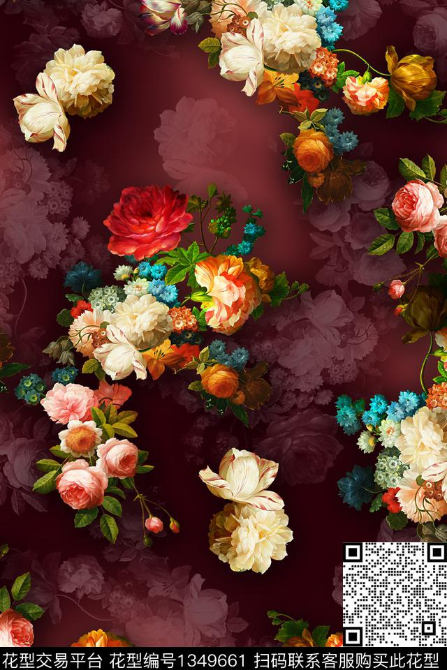 油画华亿平台复古花卉数码印花华亿平台下载（图片编号: 1349661） - 瓦栏（Walan）
