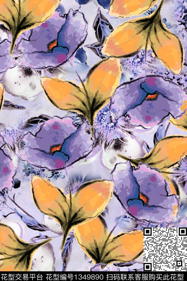 大花满版散花手绘花卉数码印花华亿平台下载（图片编号: 1349890） - 瓦栏（Walan）