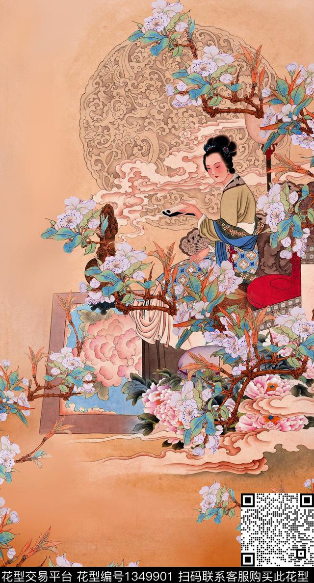 中国风定位花复古旗袍华亿平台桑蚕丝数码印花华亿平台下载（图片编号: 1349901） - 瓦栏（Walan）