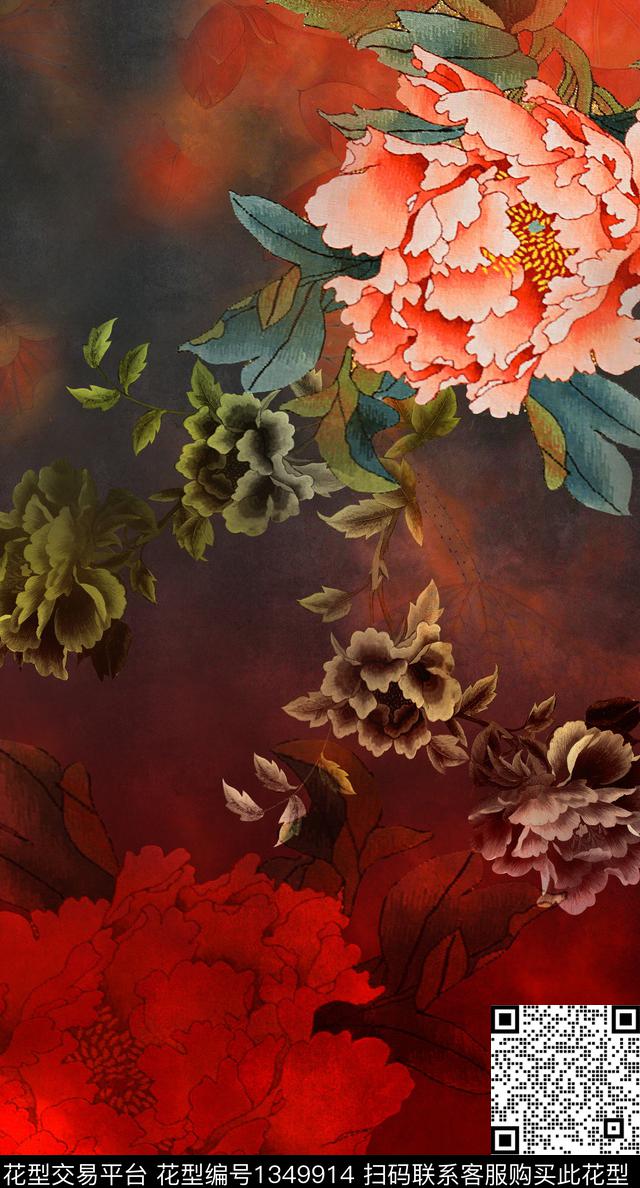 大花中国风定位花复古旗袍华亿平台数码印花华亿平台下载（图片编号: 1349914） - 瓦栏（Walan）