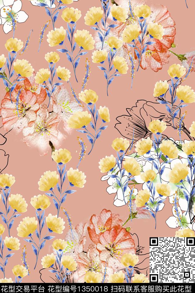 线条花卉抽象数码印花华亿平台下载（图片编号: 1350018） - 瓦栏（Walan）