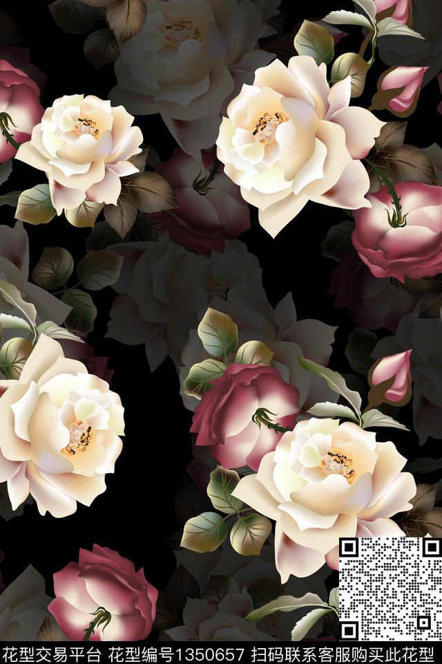 玫瑰花花卉香云纱数码印花华亿平台下载（图片编号: 1350657） - 瓦栏（Walan）