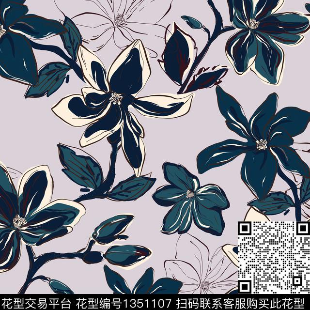 花卉大牌风手绘花卉传统印花华亿平台下载（图片编号: 1351107） - 瓦栏（Walan）