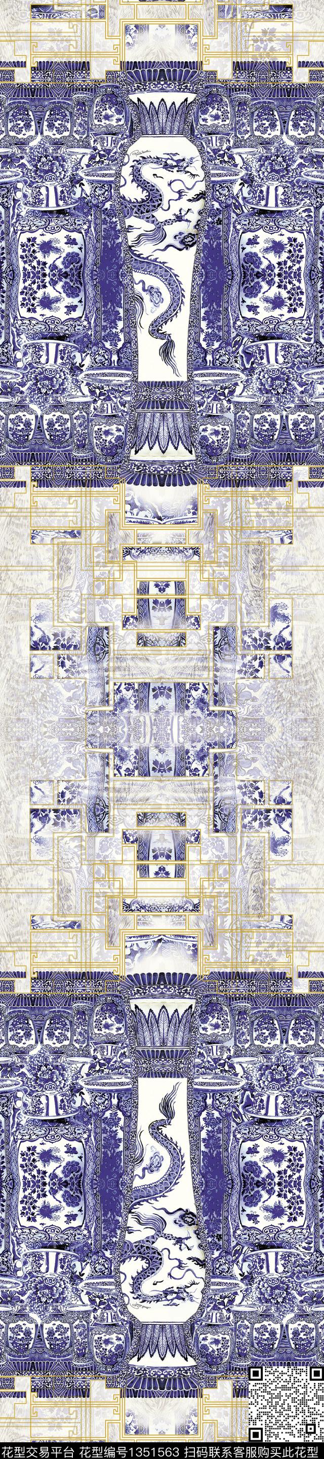 长巾中国风对称花数码印花华亿平台下载（图片编号: 1351563） - 瓦栏（Walan）