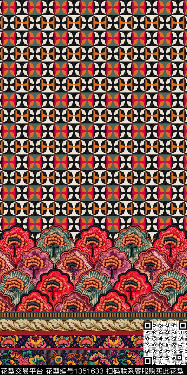 几何定位花复古数码印花华亿平台下载（图片编号: 1351633） - 瓦栏（Walan）