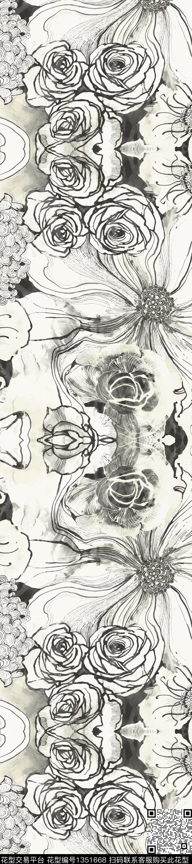 笔触水墨风长巾数码印花华亿平台下载（图片编号: 1351668） - 瓦栏（Walan）