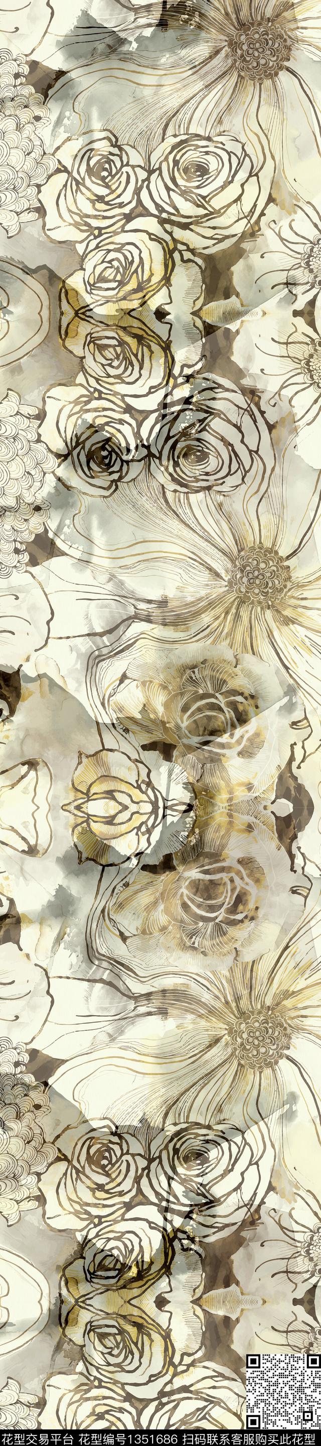 双色花卉手绘玫瑰数码印花华亿平台下载（图片编号: 1351686） - 瓦栏（Walan）