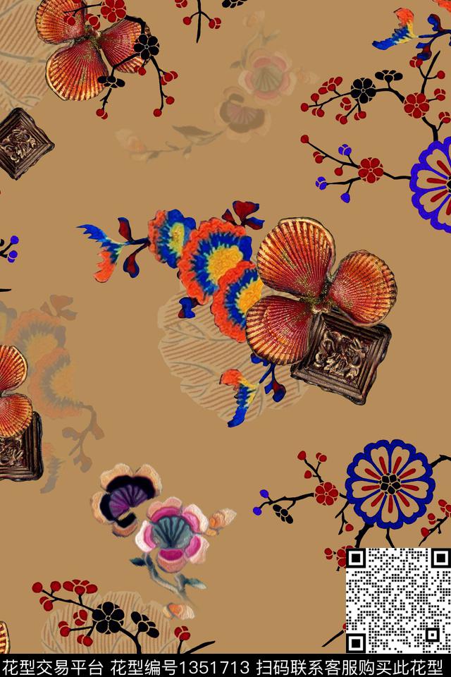民族风花卉香云纱数码印花华亿平台下载（图片编号: 1351713） - 瓦栏（Walan）