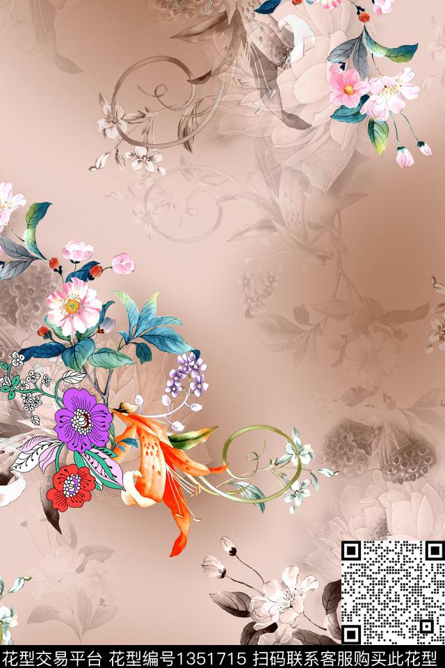 民族风花卉香云纱数码印花华亿平台下载（图片编号: 1351715） - 瓦栏（Walan）