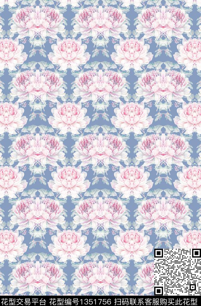 彩底花卉对称花小清新数码印花华亿平台下载（图片编号: 1351756） - 瓦栏（Walan）