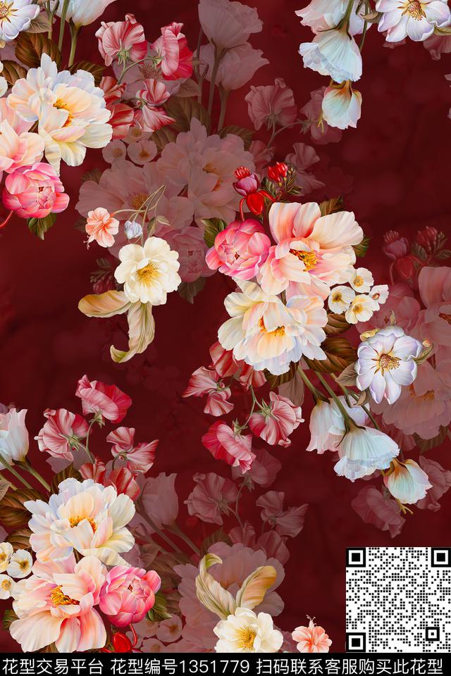 时尚花卉真丝数码印花华亿平台下载（图片编号: 1351779） - 瓦栏（Walan）