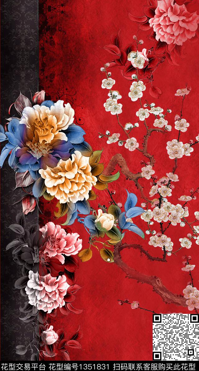 大花中国风定位花真丝数码印花华亿平台下载（图片编号: 1351831） - 瓦栏（Walan）
