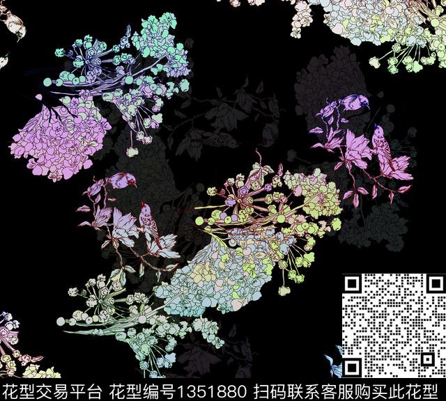 渐变花卉大牌风数码印花华亿平台下载（图片编号: 1351880） - 瓦栏（Walan）
