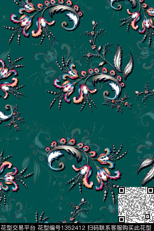 民族风花卉香云纱数码印花华亿平台下载（图片编号: 1352412） - 瓦栏（Walan）