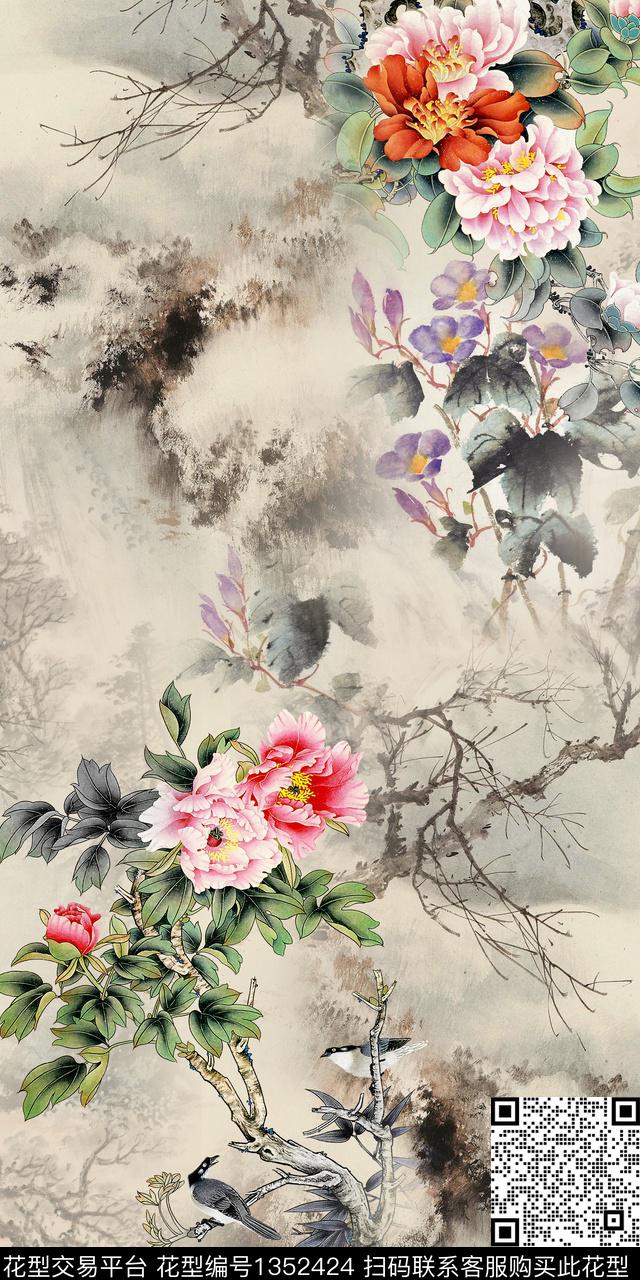 真丝牡丹手绘花卉数码印花华亿平台下载（图片编号: 1352424） - 瓦栏（Walan）