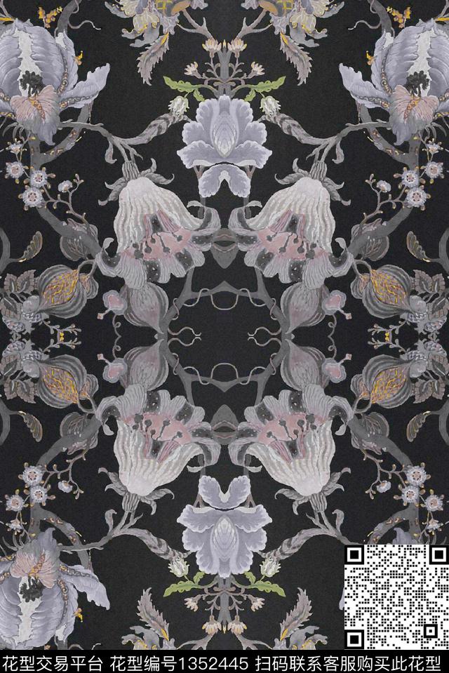 宫廷风黑底花卉对称花数码印花华亿平台下载（图片编号: 1352445） - 瓦栏（Walan）