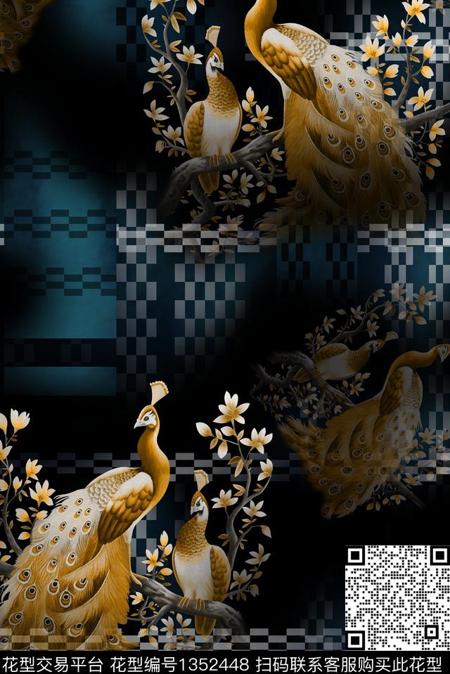 几何孔雀中老年数码印花华亿平台下载（图片编号: 1352448） - 瓦栏（Walan）