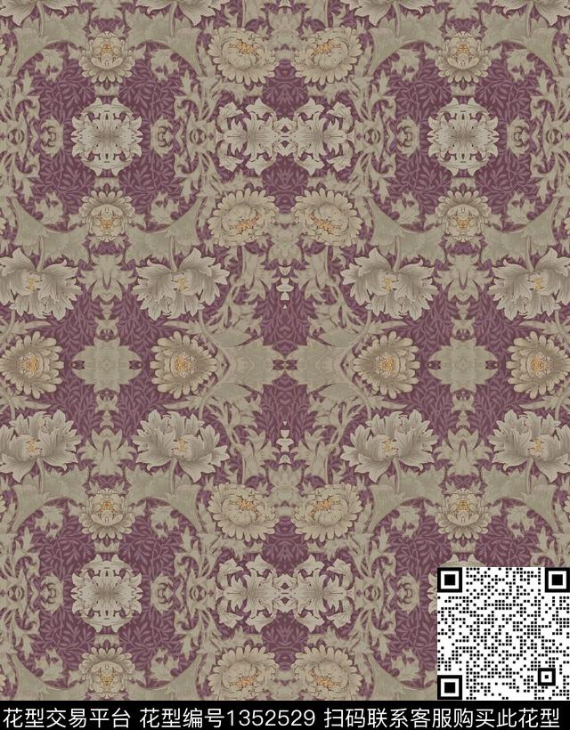 彩底花卉复古对称花数码印花华亿平台下载（图片编号: 1352529） - 瓦栏（Walan）