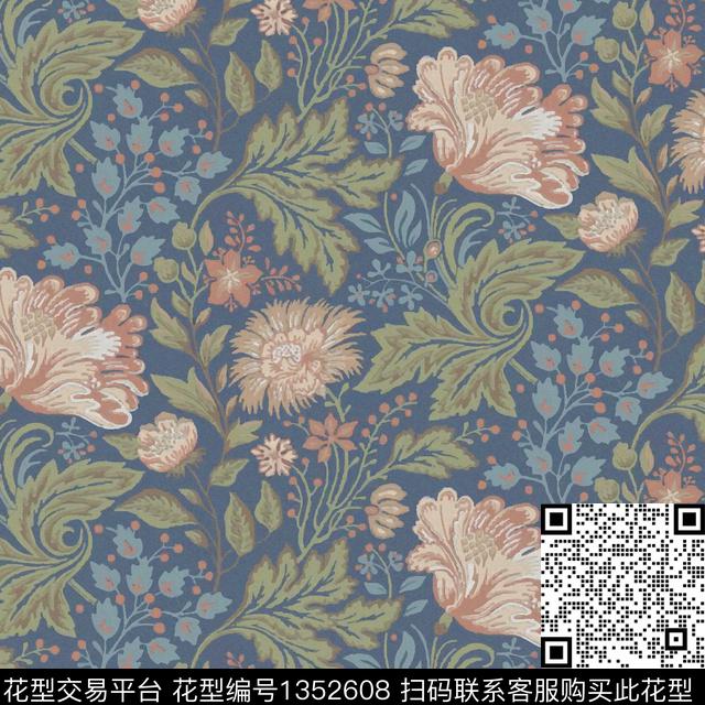 彩底花卉复古手绘花卉数码印花华亿平台下载（图片编号: 1352608） - 瓦栏（Walan）