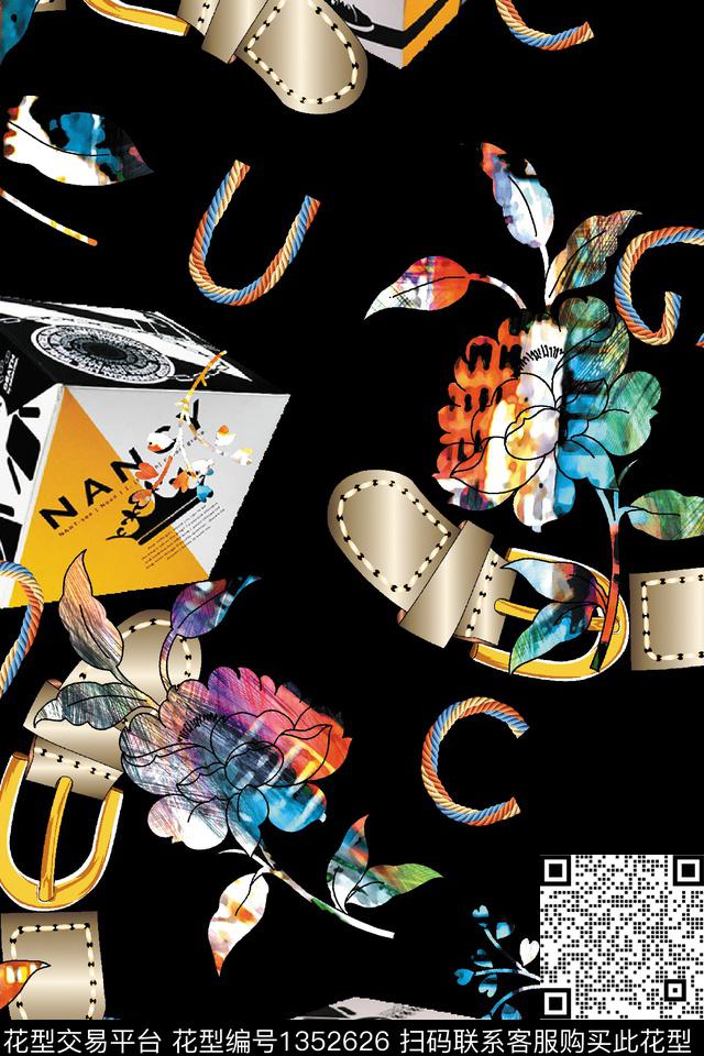 皮带魔方手绘花卉数码印花华亿平台下载（图片编号: 1352626） - 瓦栏（Walan）