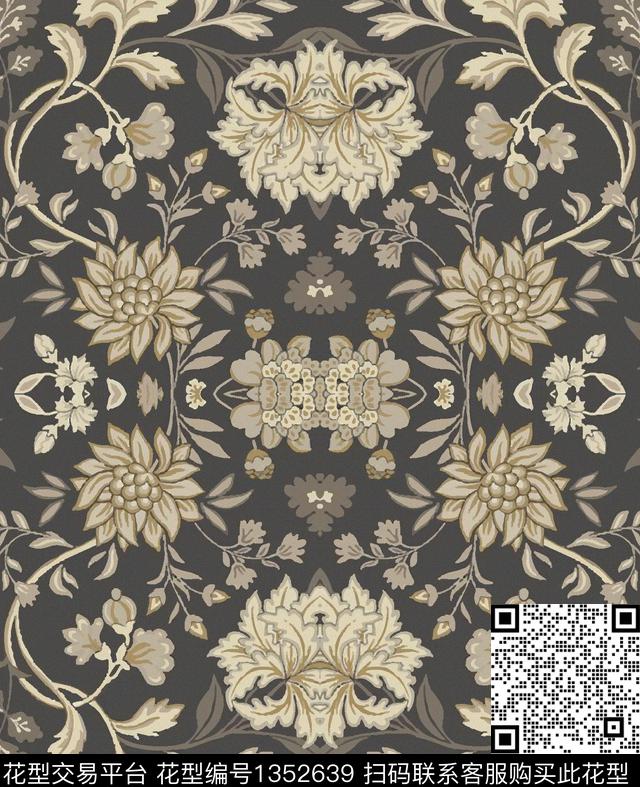 连衣裙黑底花卉复古数码印花华亿平台下载（图片编号: 1352639） - 瓦栏（Walan）
