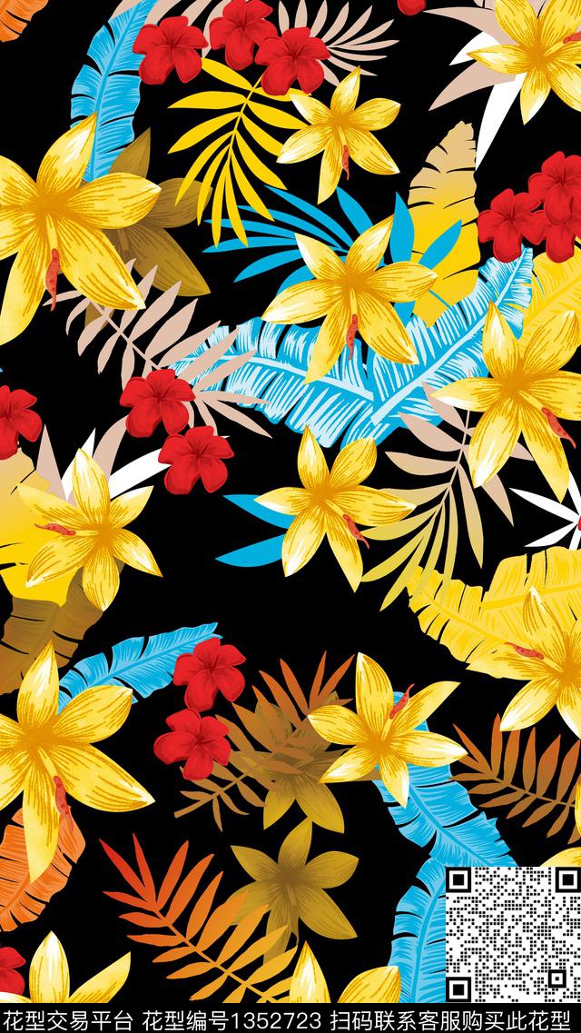 木槿花棕榈树热带华亿平台传统印花华亿平台下载（图片编号: 1352723） - 瓦栏（Walan）