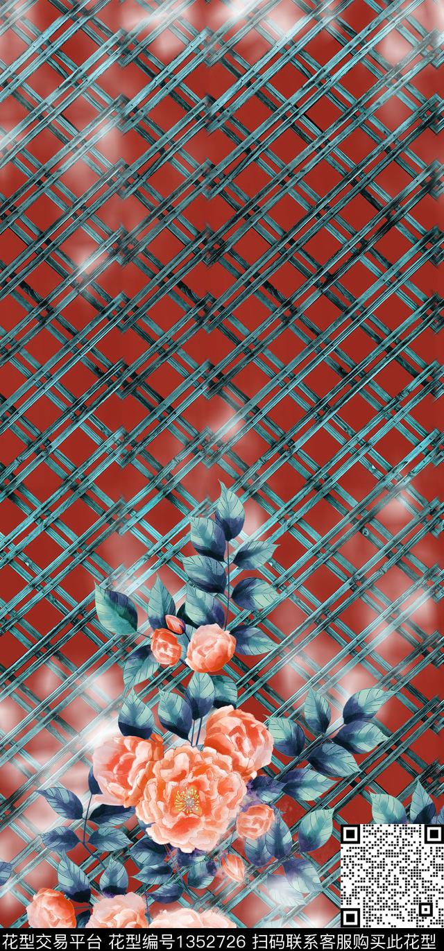 格子定位花二方连续花卉数码印花华亿平台下载（图片编号: 1352726） - 瓦栏（Walan）