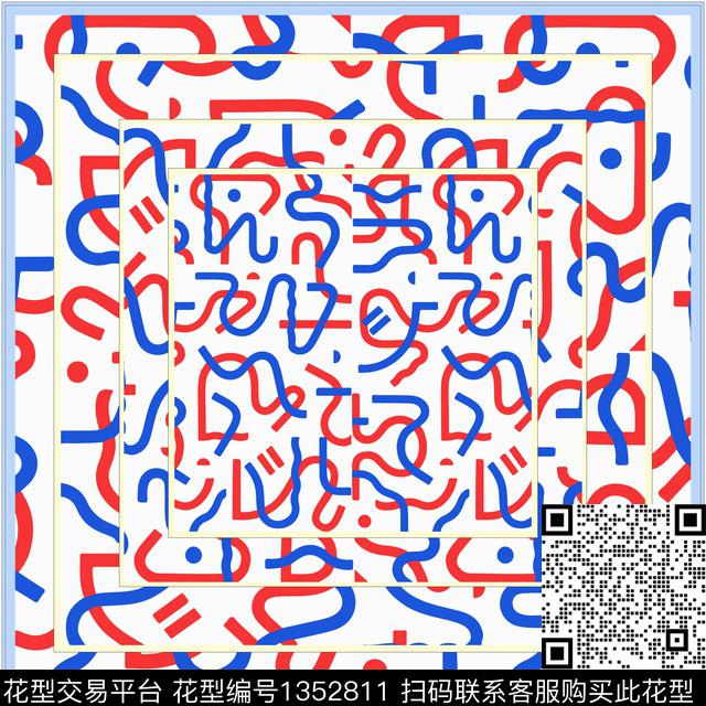 方巾撞色线条画数码印花华亿平台下载（图片编号: 1352811） - 瓦栏（Walan）
