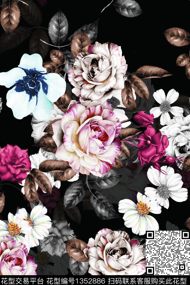 大牌风黑底花卉花卉数码印花华亿平台下载（图片编号: 1352886） - 瓦栏（Walan）