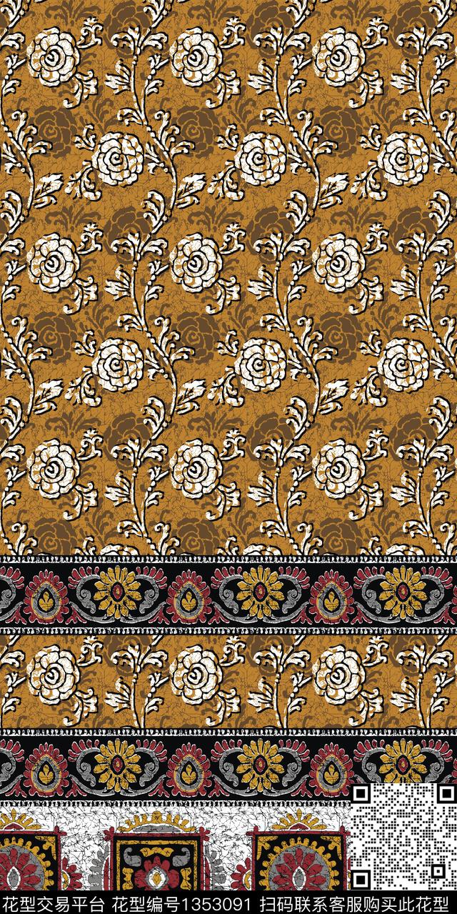 几何定位花复古数码印花华亿平台下载（图片编号: 1353091） - 瓦栏（Walan）