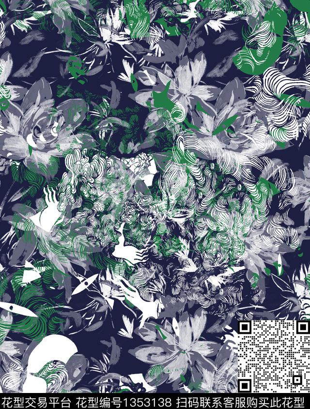 复古抽象男装潮牌数码印花华亿平台下载（图片编号: 1353138） - 瓦栏（Walan）