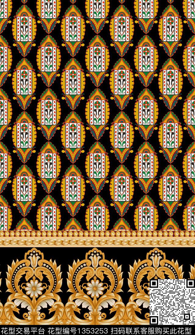 几何定位花复古数码印花华亿平台下载（图片编号: 1353253） - 瓦栏（Walan）