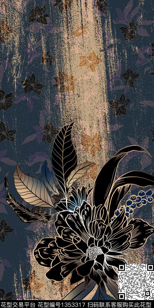 纹理花卉勾线数码印花华亿平台下载（图片编号: 1353317） - 瓦栏（Walan）