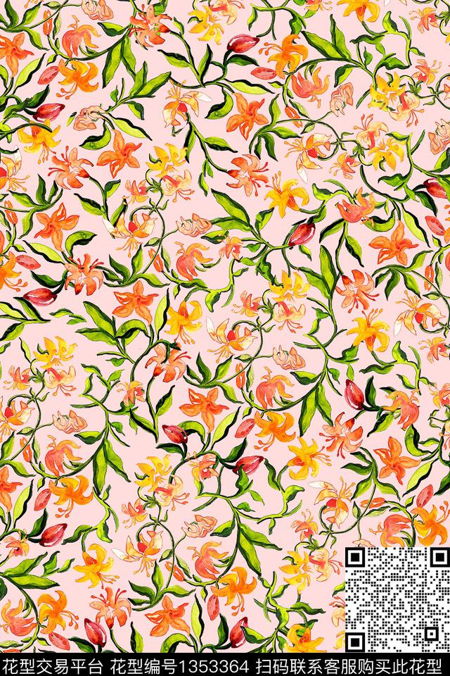 彩底花卉数码华亿平台水彩花卉数码印花华亿平台下载（图片编号: 1353364） - 瓦栏（Walan）