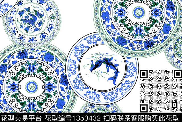 民族花卉青花瓷鱼传统印花华亿平台下载（图片编号: 1353432） - 瓦栏（Walan）