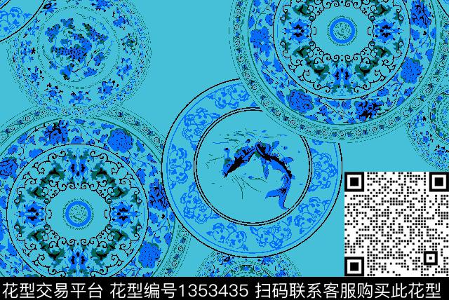 民族花卉青花瓷鱼传统印花华亿平台下载（图片编号: 1353435） - 瓦栏（Walan）