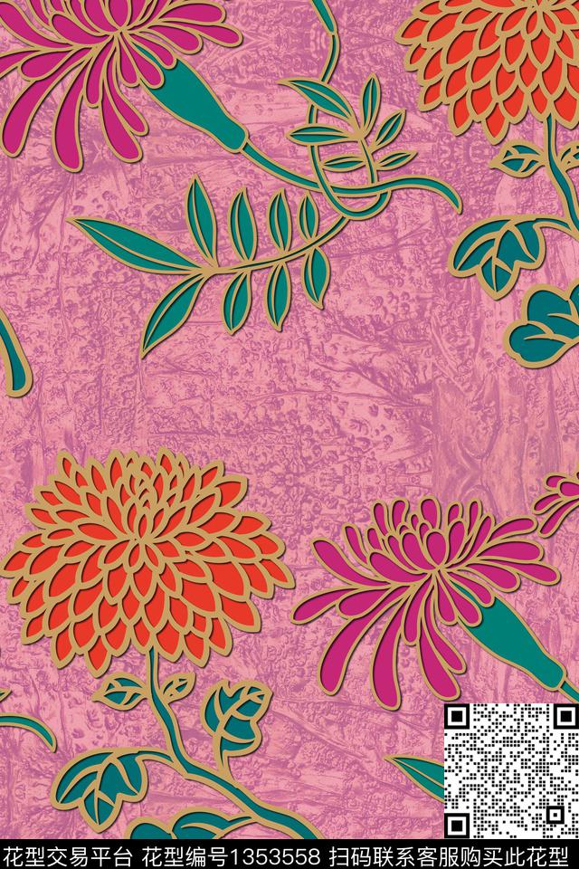 纹理复古手绘花卉数码印花华亿平台下载（图片编号: 1353558） - 瓦栏（Walan）