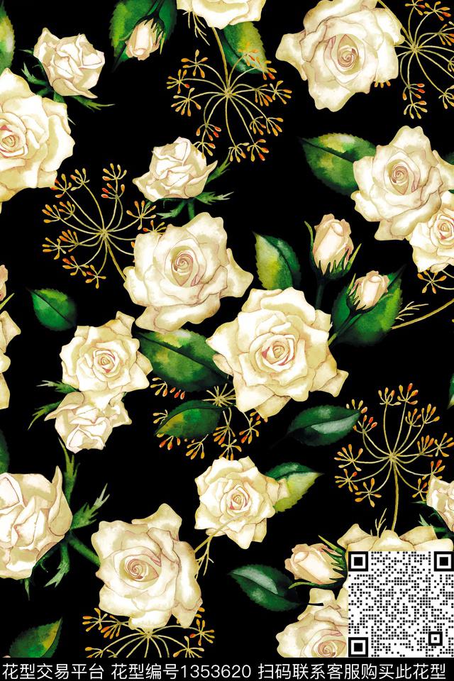 黑底花卉花卉大牌风数码印花华亿平台下载（图片编号: 1353620） - 瓦栏（Walan）