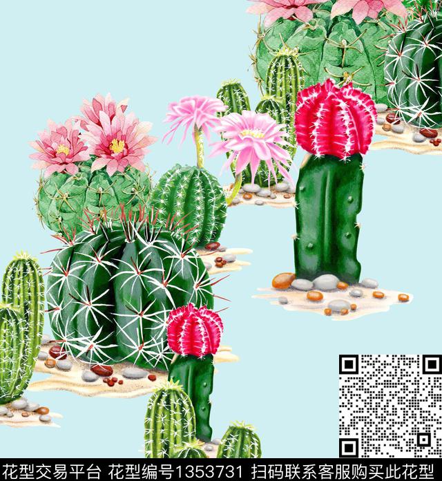 仙人掌大牌风手绘花卉数码印花华亿平台下载（图片编号: 1353731） - 瓦栏（Walan）
