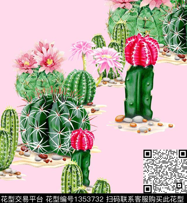 仙人掌大牌风手绘花卉数码印花华亿平台下载（图片编号: 1353732） - 瓦栏（Walan）