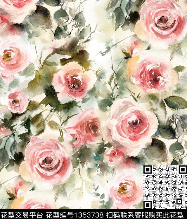 手绘玫瑰水彩花卉数码印花华亿平台下载（图片编号: 1353738） - 瓦栏（Walan）