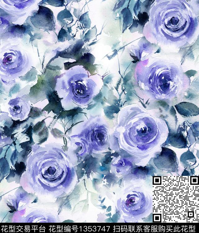 鸢尾花手绘玫瑰水彩花卉数码印花华亿平台下载（图片编号: 1353747） - 瓦栏（Walan）