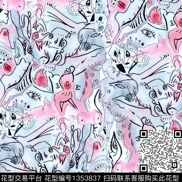 抽象绘画笔画几何数码印花华亿平台下载（图片编号: 1353837） - 瓦栏（Walan）