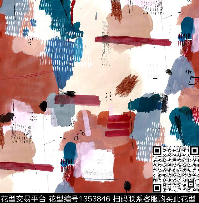 抽象绘画笔画几何数码印花华亿平台下载（图片编号: 1353846） - 瓦栏（Walan）