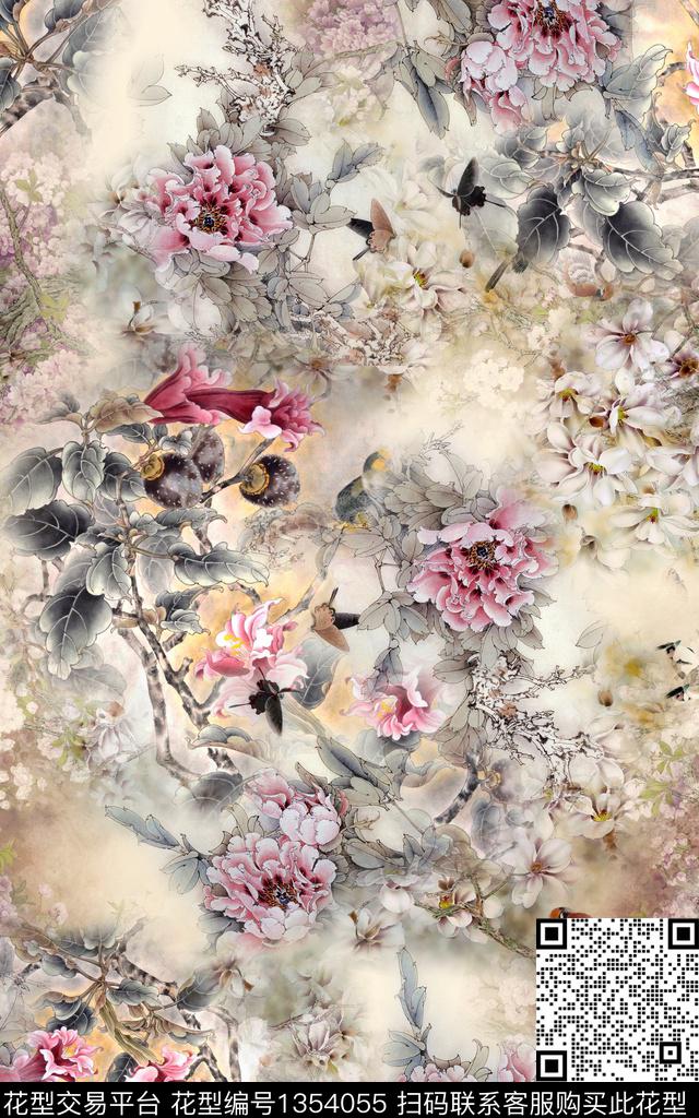 花卉中国风国画数码印花华亿平台下载（图片编号: 1354055） - 瓦栏（Walan）