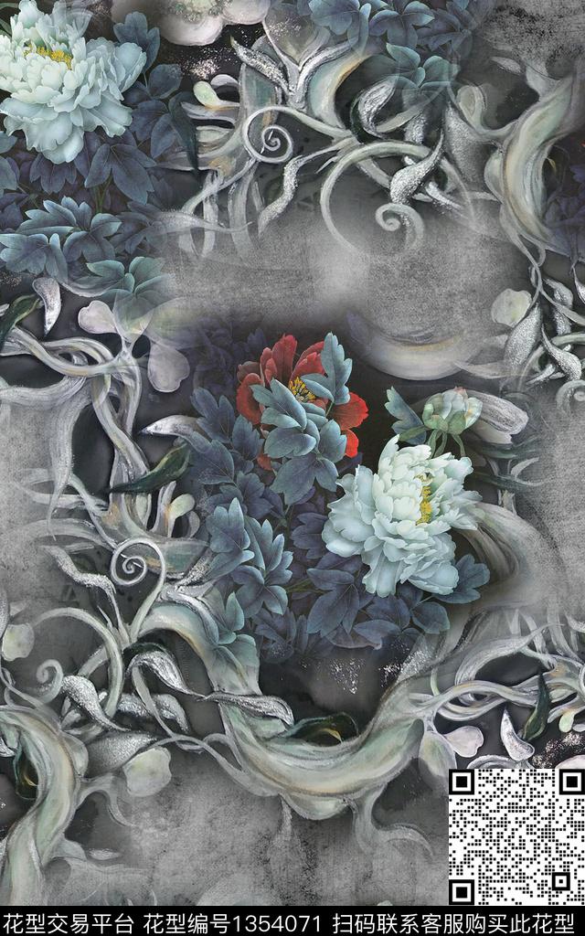 花卉中国风国画数码印花华亿平台下载（图片编号: 1354071） - 瓦栏（Walan）