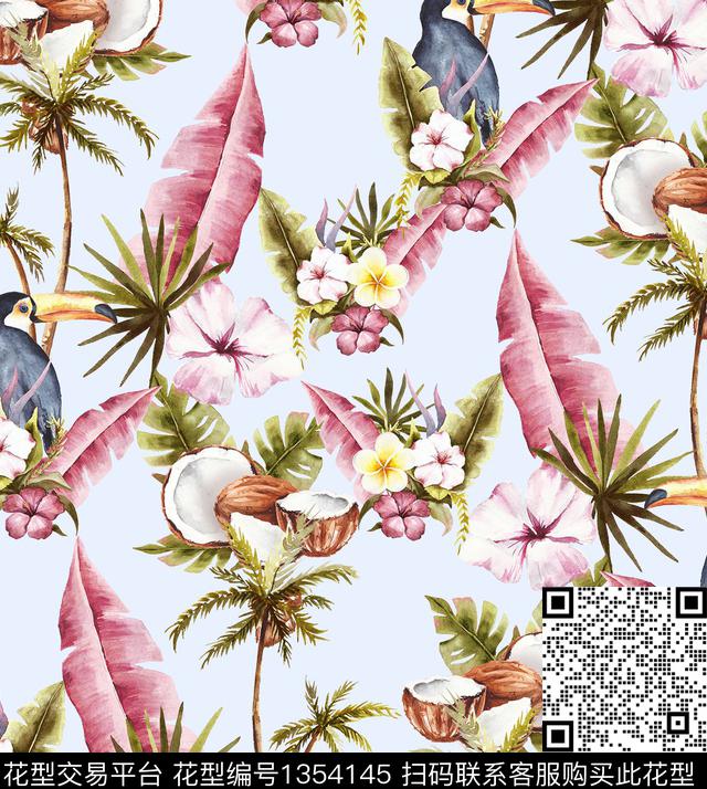 鹦鹉龟背竹棕榈树数码印花华亿平台下载（图片编号: 1354145） - 瓦栏（Walan）